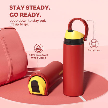 24 oz Travel Water Bottle: 2-in-1 Push-Button Spout & Quick-Flip Straw, Leakproof, Cold 24Hrs, Fits Car Cup Holder, Stainless Steel Cup for Sports, School, Commute, Camping (Mouse's Mischief) - Colors A