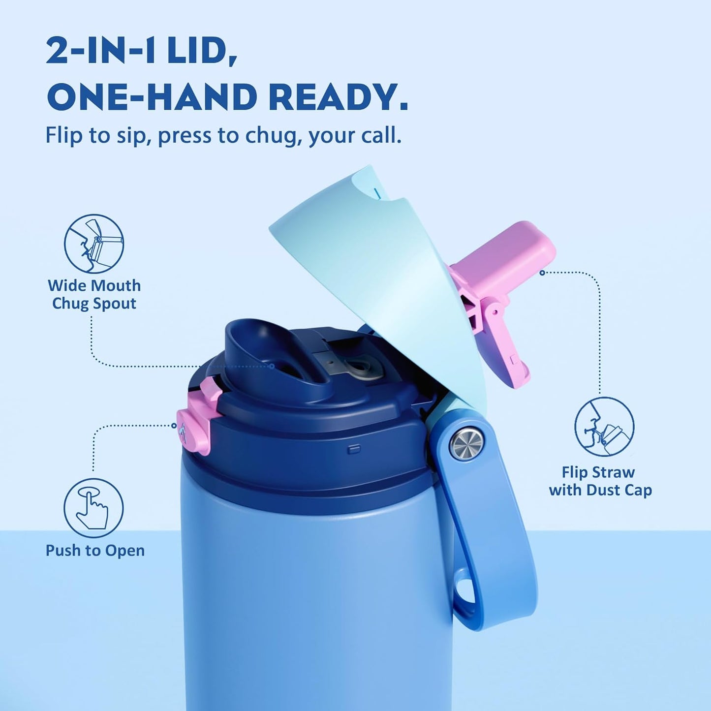 24 oz Travel Water Bottle: 2-in-1 Push-Button Spout & Quick-Flip Straw, Leakproof, Cold 24Hrs, Fits Car Cup Holder, Stainless Steel Cup for Sports, School, Commute, Camping (Mouse's Mischief) - Colors A