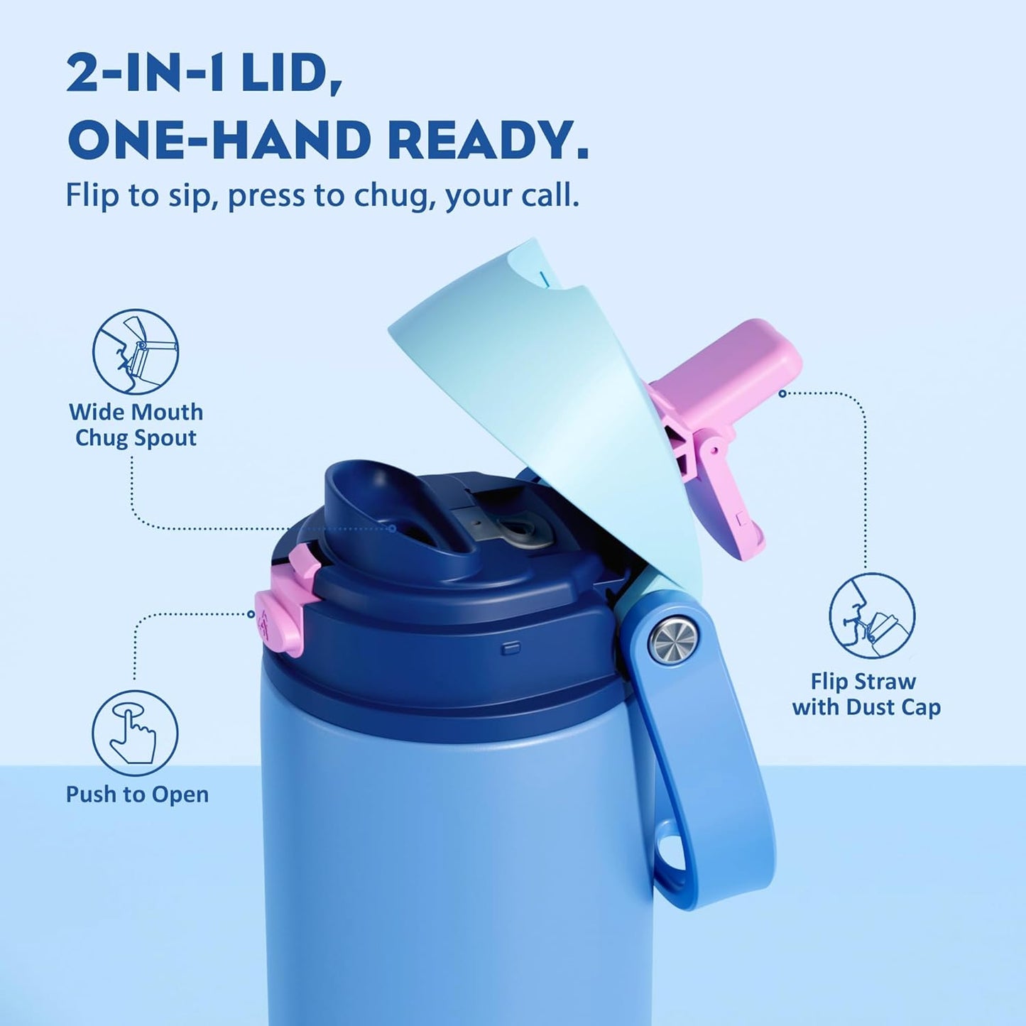 24 oz Travel Water Bottle: 2-in-1 Push-Button Spout & Quick-Flip Straw, Leakproof, Cold 24Hrs, Fits Car Cup Holder, Stainless Steel Cup for Sports, School, Commute, Camping (Mouse's Mischief) - Colors A