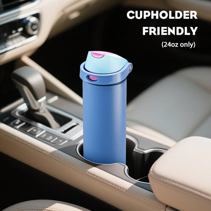 24 oz Travel Water Bottle: 2-in-1 Push-Button Spout & Quick-Flip Straw, Leakproof, Cold 24Hrs, Fits Car Cup Holder, Stainless Steel Cup for Sports, School, Commute, Camping (Mouse's Mischief) - Colors A