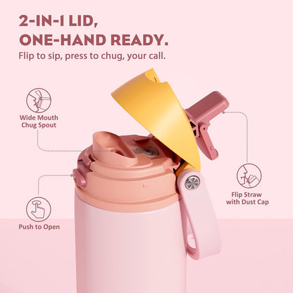 24 oz Travel Water Bottle: 2-in-1 Push-Button Spout & Quick-Flip Straw, Leakproof, Cold 24Hrs, Fits Car Cup Holder, Stainless Steel Cup for Sports, School, Commute, Camping (Mouse's Mischief) - Colors A