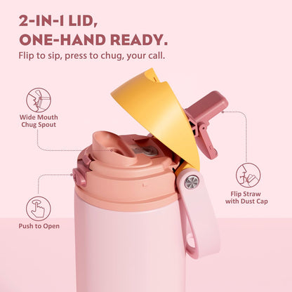 24 oz Travel Water Bottle: 2-in-1 Push-Button Spout & Quick-Flip Straw, Leakproof, Cold 24Hrs, Fits Car Cup Holder, Stainless Steel Cup for Sports, School, Commute, Camping (Mouse's Mischief) - Colors A