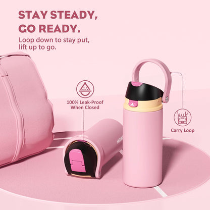 24 oz Travel Water Bottle: 2-in-1 Push-Button Spout & Quick-Flip Straw, Leakproof, Cold 24Hrs, Fits Car Cup Holder, Stainless Steel Cup for Sports, School, Commute, Camping (Mouse's Mischief) - Colors A