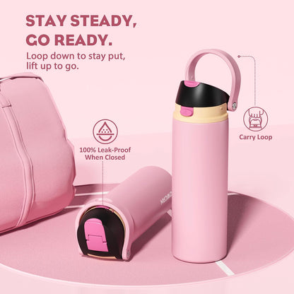 24 oz Travel Water Bottle: 2-in-1 Push-Button Spout & Quick-Flip Straw, Leakproof, Cold 24Hrs, Fits Car Cup Holder, Stainless Steel Cup for Sports, School, Commute, Camping (Mouse's Mischief) - Colors A