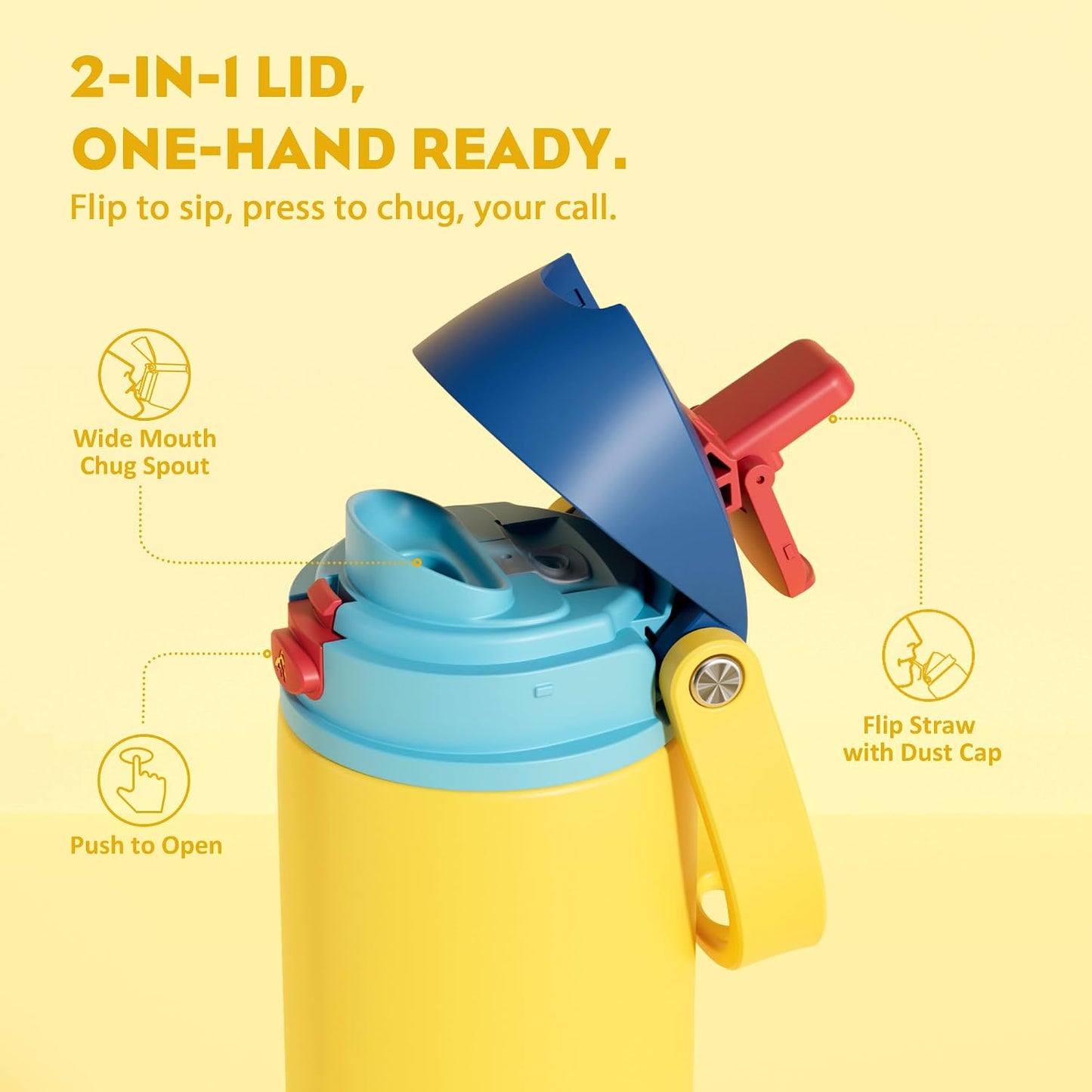 24 oz Travel Water Bottle: 2-in-1 Push-Button Spout & Quick-Flip Straw, Leakproof, Cold 24Hrs, Fits Car Cup Holder, Stainless Steel Cup for Sports, School, Commute, Camping (Mouse's Mischief) - Colors A