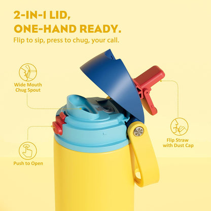 24 oz Travel Water Bottle: 2-in-1 Push-Button Spout & Quick-Flip Straw, Leakproof, Cold 24Hrs, Fits Car Cup Holder, Stainless Steel Cup for Sports, School, Commute, Camping (Mouse's Mischief) - Colors A