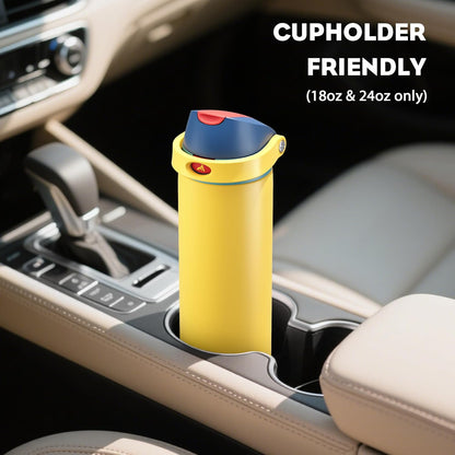 24 oz Travel Water Bottle: 2-in-1 Push-Button Spout & Quick-Flip Straw, Leakproof, Cold 24Hrs, Fits Car Cup Holder, Stainless Steel Cup for Sports, School, Commute, Camping (Mouse's Mischief) - Colors A