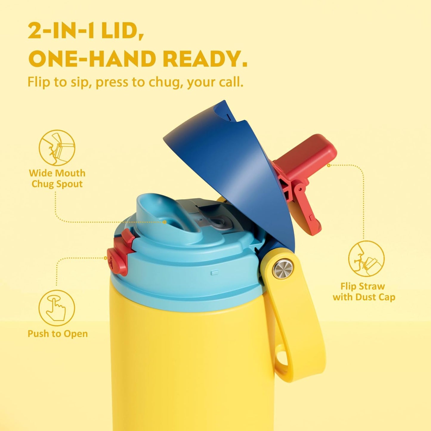 24 oz Travel Water Bottle: 2-in-1 Push-Button Spout & Quick-Flip Straw, Leakproof, Cold 24Hrs, Fits Car Cup Holder, Stainless Steel Cup for Sports, School, Commute, Camping (Mouse's Mischief) - Colors A