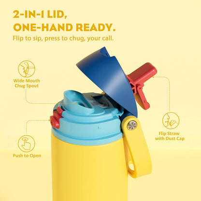 24 oz Travel Water Bottle: 2-in-1 Push-Button Spout & Quick-Flip Straw, Leakproof, Cold 24Hrs, Fits Car Cup Holder, Stainless Steel Cup for Sports, School, Commute, Camping (Mouse's Mischief) - Colors A