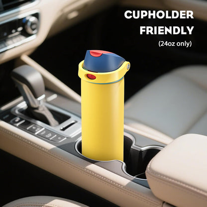 24 oz Travel Water Bottle: 2-in-1 Push-Button Spout & Quick-Flip Straw, Leakproof, Cold 24Hrs, Fits Car Cup Holder, Stainless Steel Cup for Sports, School, Commute, Camping (Mouse's Mischief) - Colors A
