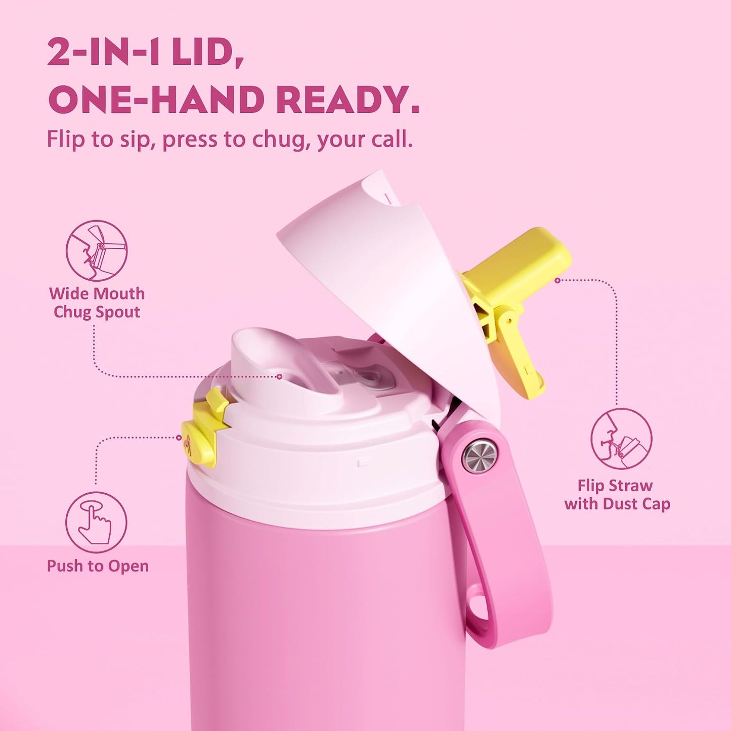 24 oz Travel Water Bottle: 2-in-1 Push-Button Spout & Quick-Flip Straw, Leakproof, Cold 24Hrs, Fits Car Cup Holder, Stainless Steel Cup for Sports, School, Commute, Camping (Mouse's Mischief) - Colors A
