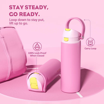 24 oz Travel Water Bottle: 2-in-1 Push-Button Spout & Quick-Flip Straw, Leakproof, Cold 24Hrs, Fits Car Cup Holder, Stainless Steel Cup for Sports, School, Commute, Camping (Mouse's Mischief) - Colors A