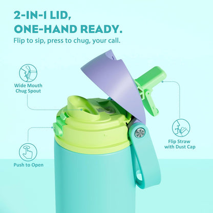 24 oz Travel Water Bottle: 2-in-1 Push-Button Spout & Quick-Flip Straw, Leakproof, Cold 24Hrs, Fits Car Cup Holder, Stainless Steel Cup for Sports, School, Commute, Camping (Mouse's Mischief) - Colors A
