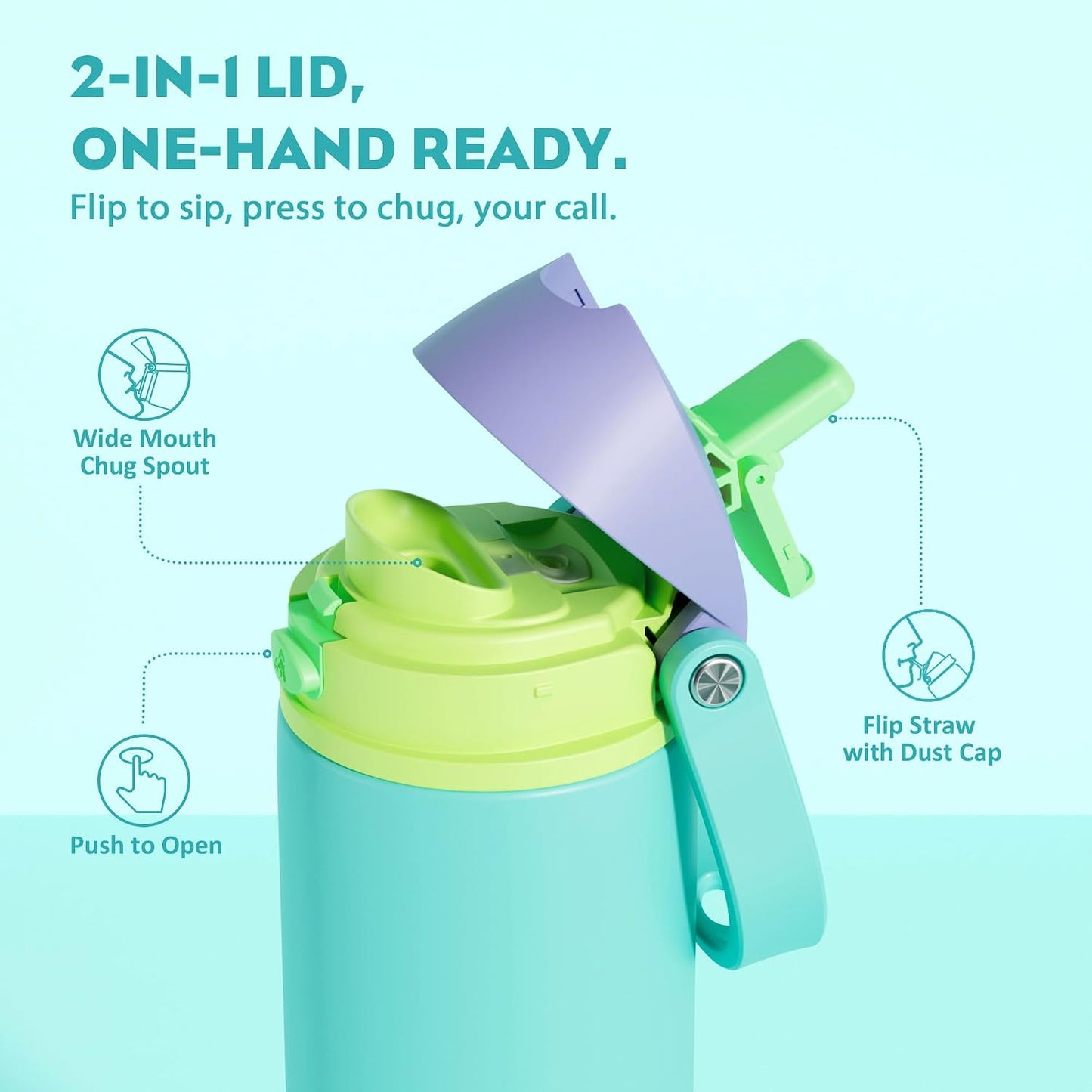 24 oz Travel Water Bottle: 2-in-1 Push-Button Spout & Quick-Flip Straw, Leakproof, Cold 24Hrs, Fits Car Cup Holder, Stainless Steel Cup for Sports, School, Commute, Camping (Mouse's Mischief) - Colors A