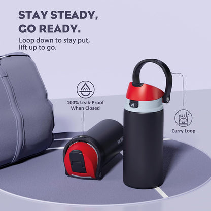24 oz Travel Water Bottle: 2-in-1 Push-Button Spout & Quick-Flip Straw, Leakproof, Cold 24Hrs, Fits Car Cup Holder, Stainless Steel Cup for Sports, School, Commute, Camping (Mouse's Mischief) - Colors A