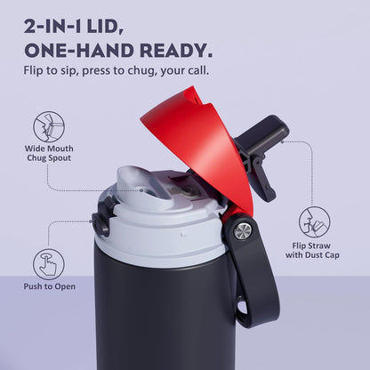 24 oz Travel Water Bottle: 2-in-1 Push-Button Spout & Quick-Flip Straw, Leakproof, Cold 24Hrs, Fits Car Cup Holder, Stainless Steel Cup for Sports, School, Commute, Camping (Mouse's Mischief) - Colors A