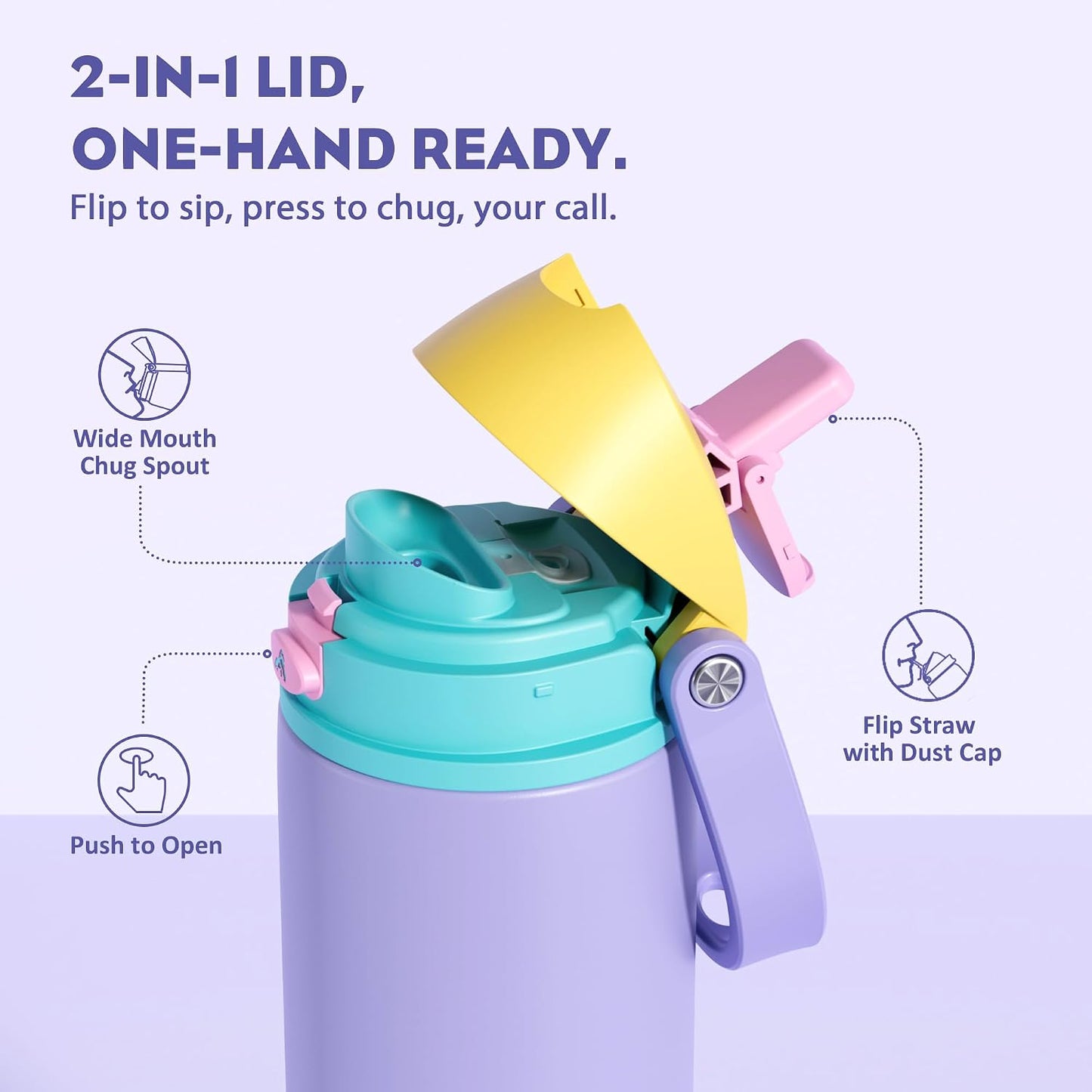 24 oz Travel Water Bottle: 2-in-1 Push-Button Spout & Quick-Flip Straw, Leakproof, Cold 24Hrs, Fits Car Cup Holder, Stainless Steel Cup for Sports, School, Commute, Camping (Mouse's Mischief) - Colors A