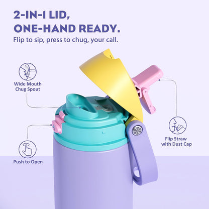 24 oz Travel Water Bottle: 2-in-1 Push-Button Spout & Quick-Flip Straw, Leakproof, Cold 24Hrs, Fits Car Cup Holder, Stainless Steel Cup for Sports, School, Commute, Camping (Mouse's Mischief) - Colors A
