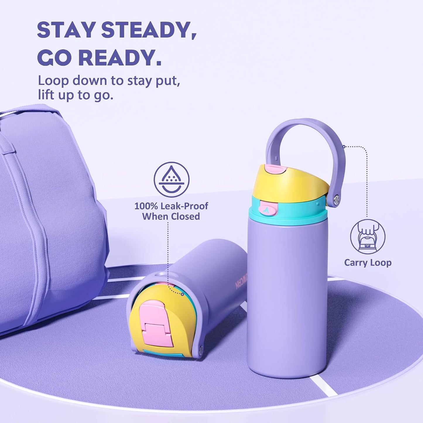 24 oz Travel Water Bottle: 2-in-1 Push-Button Spout & Quick-Flip Straw, Leakproof, Cold 24Hrs, Fits Car Cup Holder, Stainless Steel Cup for Sports, School, Commute, Camping (Mouse's Mischief) - Colors A