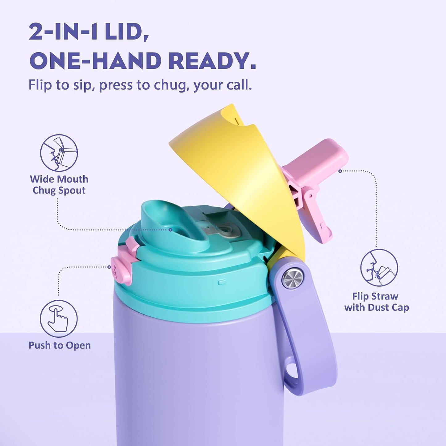 24 oz Travel Water Bottle: 2-in-1 Push-Button Spout & Quick-Flip Straw, Leakproof, Cold 24Hrs, Fits Car Cup Holder, Stainless Steel Cup for Sports, School, Commute, Camping (Mouse's Mischief) - Colors A