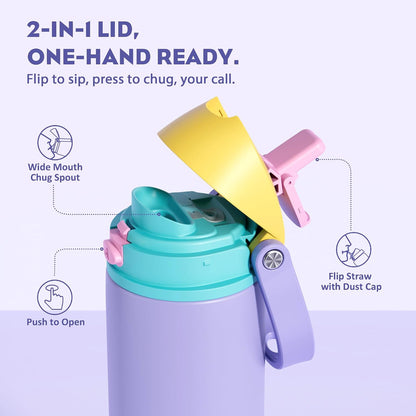 24 oz Travel Water Bottle: 2-in-1 Push-Button Spout & Quick-Flip Straw, Leakproof, Cold 24Hrs, Fits Car Cup Holder, Stainless Steel Cup for Sports, School, Commute, Camping (Mouse's Mischief) - Colors A