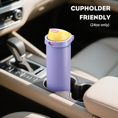 24 oz Travel Water Bottle: 2-in-1 Push-Button Spout & Quick-Flip Straw, Leakproof, Cold 24Hrs, Fits Car Cup Holder, Stainless Steel Cup for Sports, School, Commute, Camping (Mouse's Mischief) - Colors A