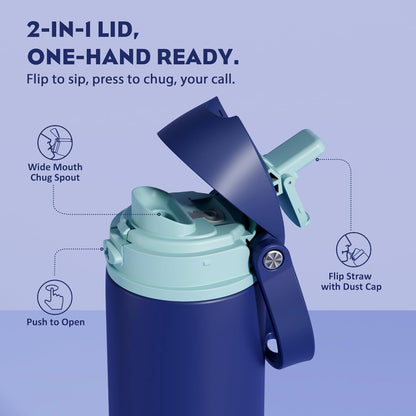 24 oz Travel Water Bottle: 2-in-1 Push-Button Spout & Quick-Flip Straw, Leakproof, Cold 24Hrs, Fits Car Cup Holder, Stainless Steel Cup for Sports, School, Commute, Camping (Mouse's Mischief) - Colors A