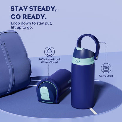 24 oz Travel Water Bottle: 2-in-1 Push-Button Spout & Quick-Flip Straw, Leakproof, Cold 24Hrs, Fits Car Cup Holder, Stainless Steel Cup for Sports, School, Commute, Camping (Mouse's Mischief) - Colors A