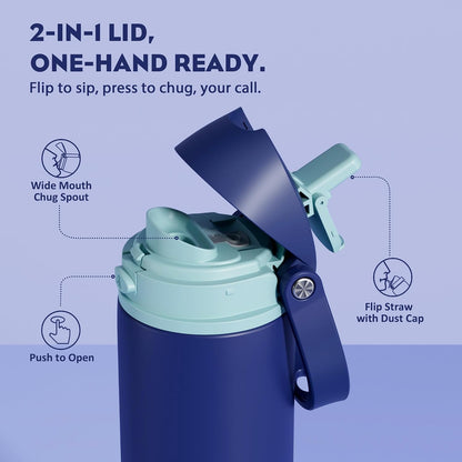 24 oz Travel Water Bottle: 2-in-1 Push-Button Spout & Quick-Flip Straw, Leakproof, Cold 24Hrs, Fits Car Cup Holder, Stainless Steel Cup for Sports, School, Commute, Camping (Mouse's Mischief) - Colors A