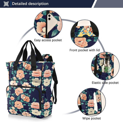Diaper Bag Backpack, Multifunction Travel Bag for Moms Dads, Baby Changing Bag with Insulted Pockets, Stroller Straps and Side Bottle Pockets Floral Design Leaves