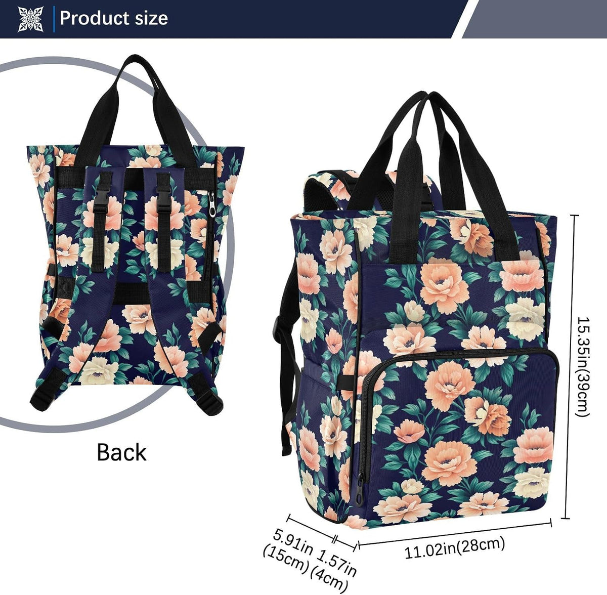 Diaper Bag Backpack, Multifunction Travel Bag for Moms Dads, Baby Changing Bag with Insulted Pockets, Stroller Straps and Side Bottle Pockets Floral Design Leaves
