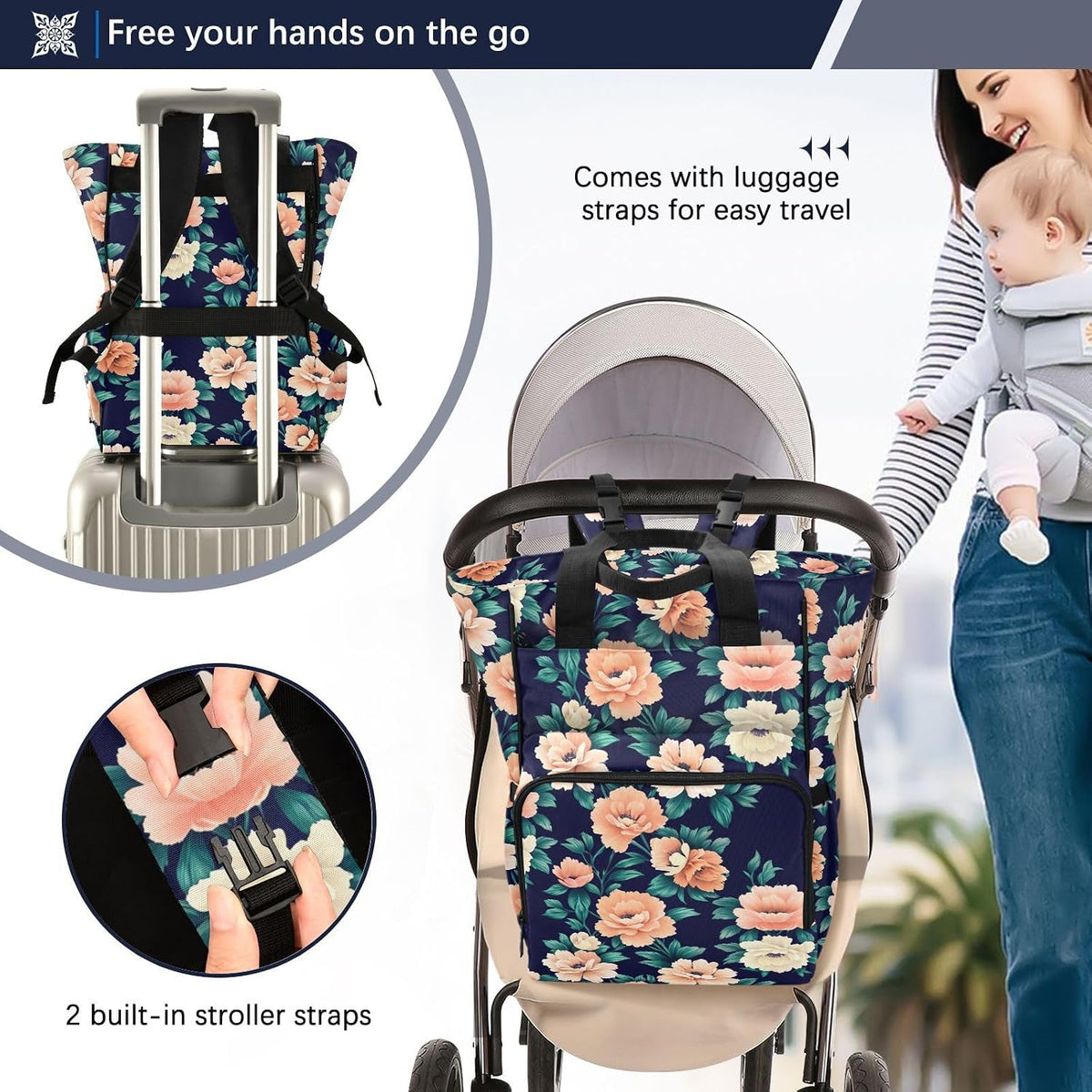 Diaper Bag Backpack, Multifunction Travel Bag for Moms Dads, Baby Changing Bag with Insulted Pockets, Stroller Straps and Side Bottle Pockets Floral Design Leaves