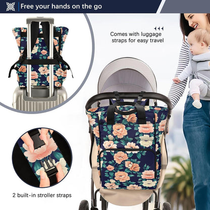 Diaper Bag Backpack, Multifunction Travel Bag for Moms Dads, Baby Changing Bag with Insulted Pockets, Stroller Straps and Side Bottle Pockets Floral Design Leaves