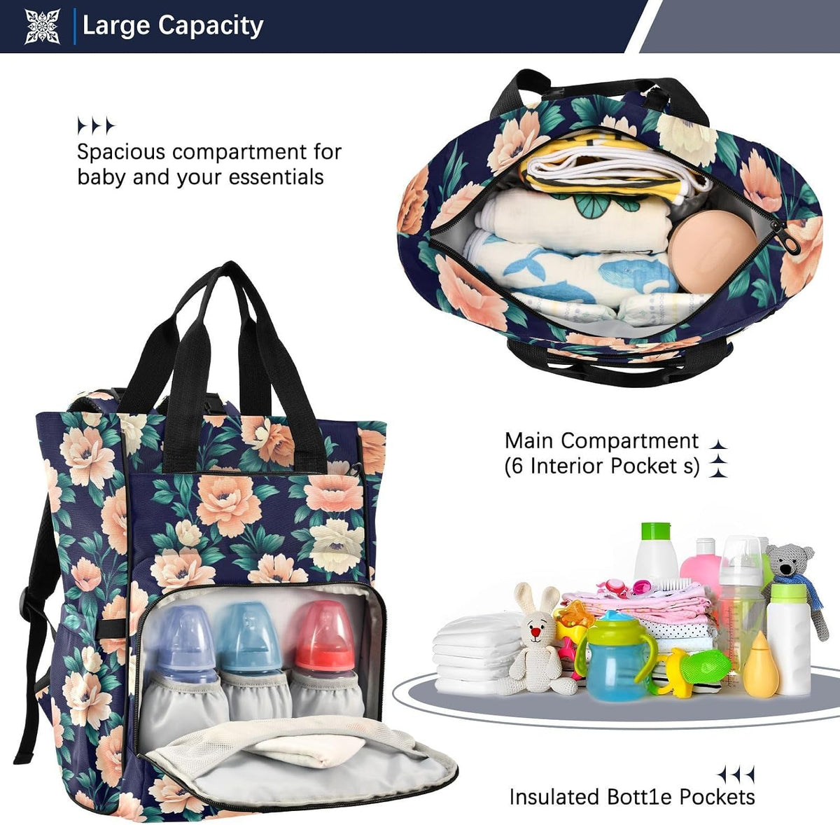 Diaper Bag Backpack, Multifunction Travel Bag for Moms Dads, Baby Changing Bag with Insulted Pockets, Stroller Straps and Side Bottle Pockets Floral Design Leaves