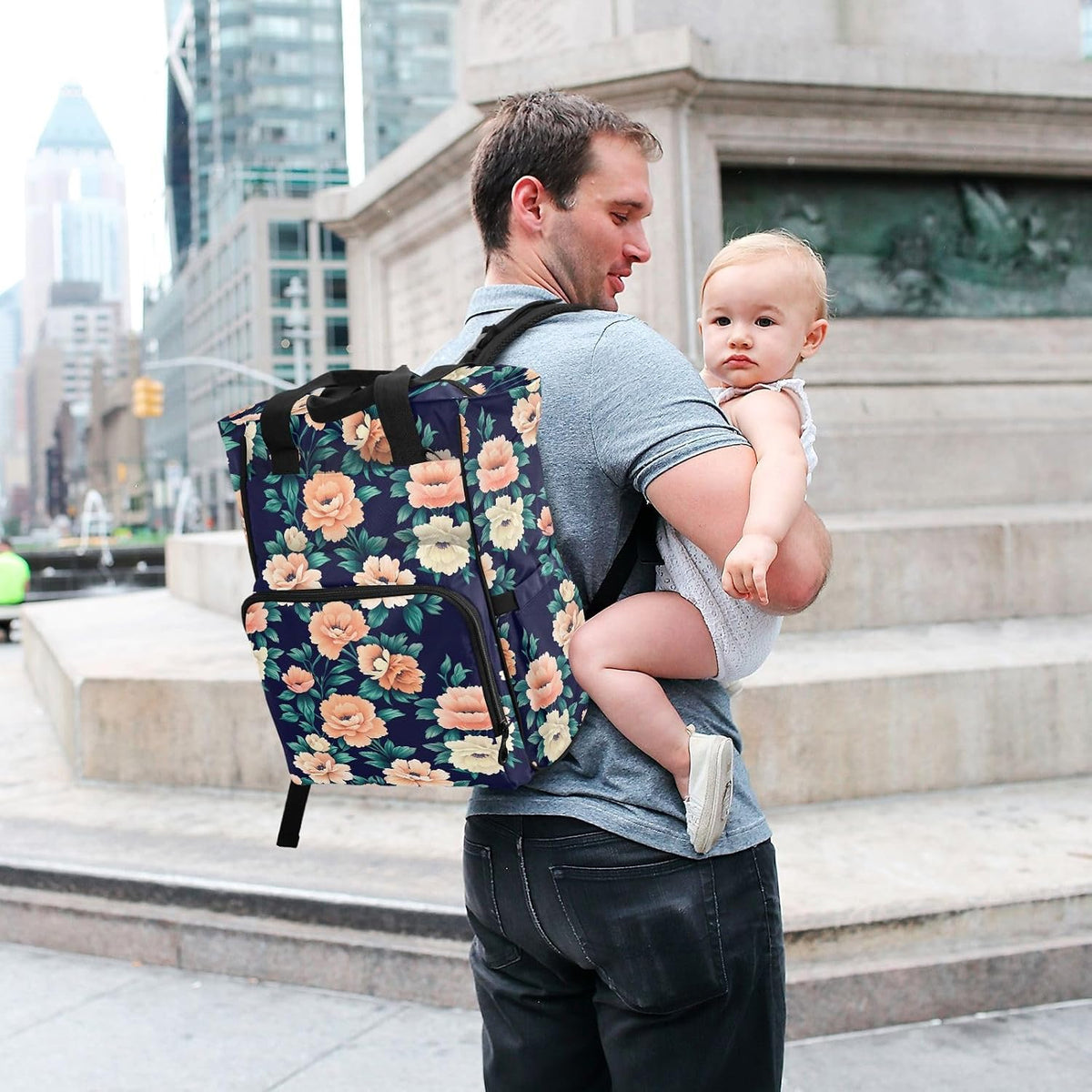Diaper Bag Backpack, Multifunction Travel Bag for Moms Dads, Baby Changing Bag with Insulted Pockets, Stroller Straps and Side Bottle Pockets Floral Design Leaves