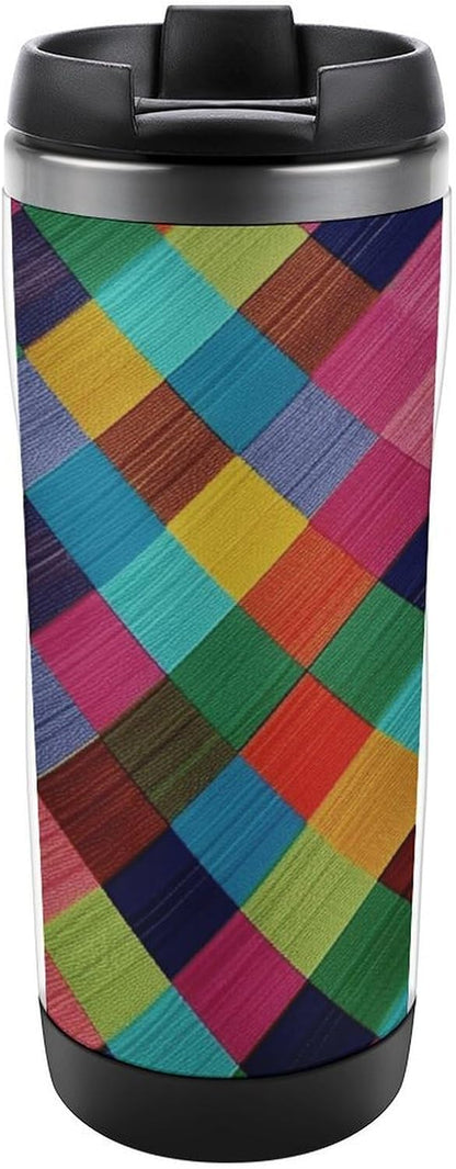 13oz Insulated Travel Coffee Mug Reusable Coffee Cup Water Bottle | Colorful Plaid Travel Mug with Leak Proof Lid Double Wall Stainless Steel Coffee Tumbler Personalized Gift