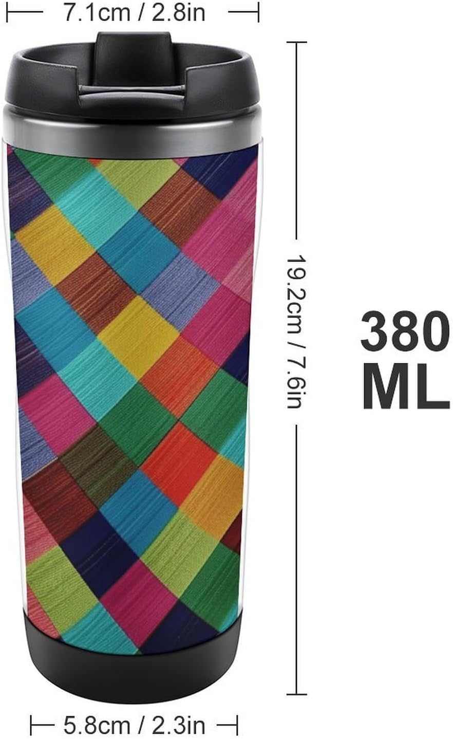 13oz Insulated Travel Coffee Mug Reusable Coffee Cup Water Bottle | Colorful Plaid Travel Mug with Leak Proof Lid Double Wall Stainless Steel Coffee Tumbler Personalized Gift