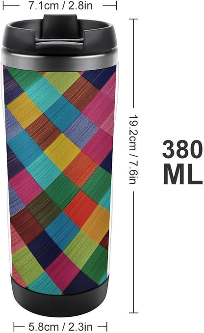 13oz Insulated Travel Coffee Mug Reusable Coffee Cup Water Bottle | Colorful Plaid Travel Mug with Leak Proof Lid Double Wall Stainless Steel Coffee Tumbler Personalized Gift