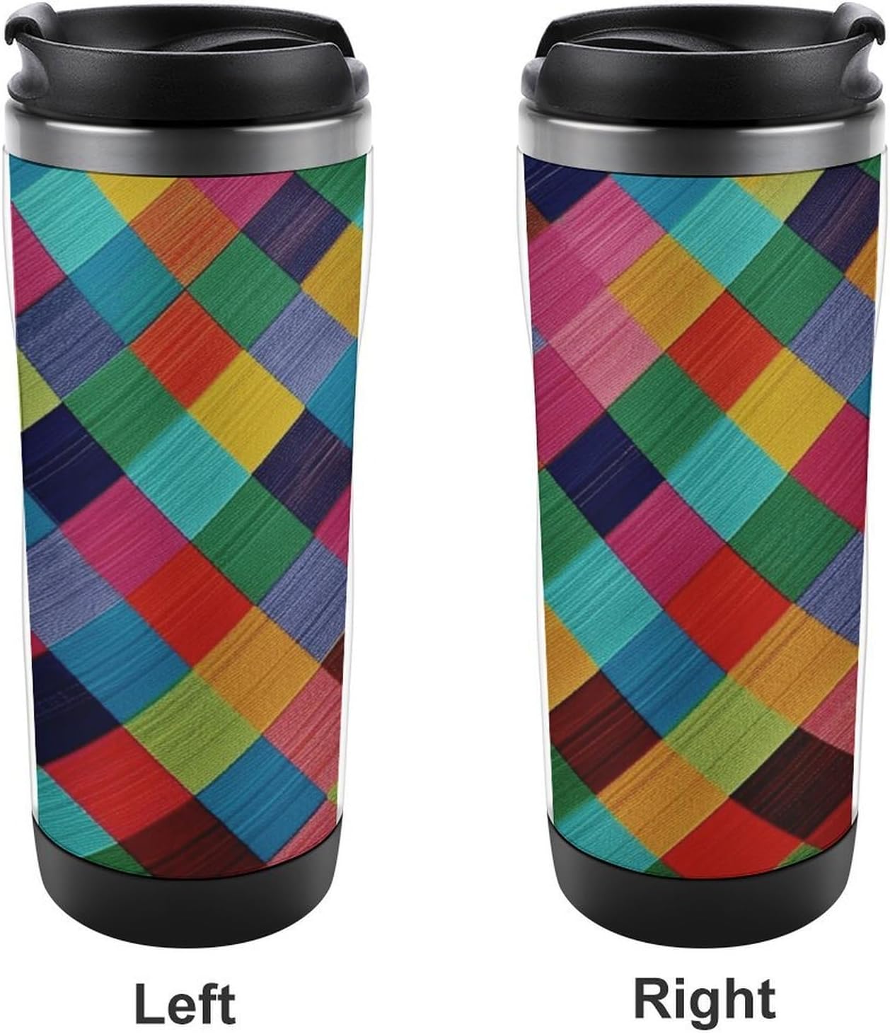 13oz Insulated Travel Coffee Mug Reusable Coffee Cup Water Bottle | Colorful Plaid Travel Mug with Leak Proof Lid Double Wall Stainless Steel Coffee Tumbler Personalized Gift