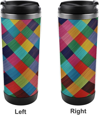 13oz Insulated Travel Coffee Mug Reusable Coffee Cup Water Bottle | Colorful Plaid Travel Mug with Leak Proof Lid Double Wall Stainless Steel Coffee Tumbler Personalized Gift