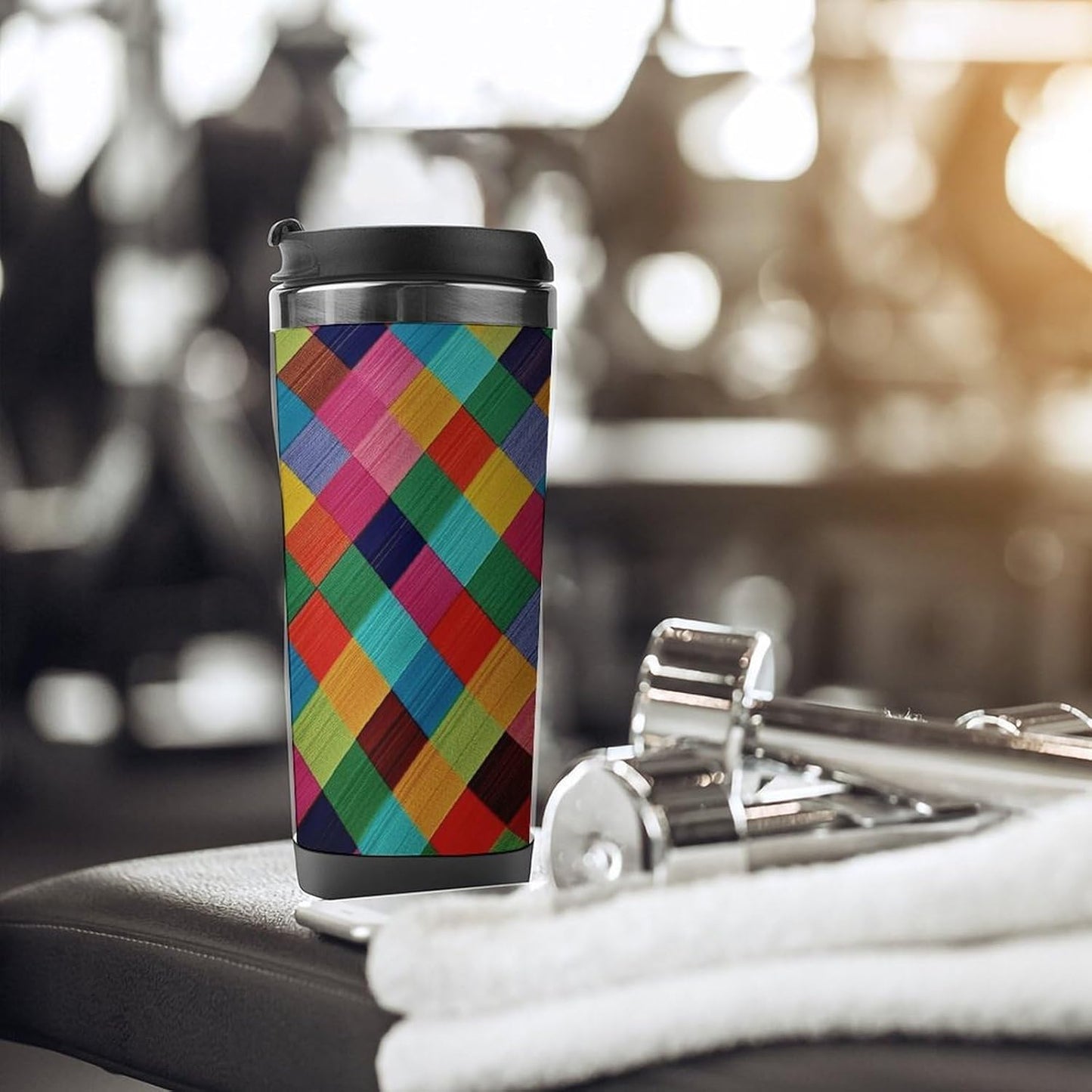 13oz Insulated Travel Coffee Mug Reusable Coffee Cup Water Bottle | Colorful Plaid Travel Mug with Leak Proof Lid Double Wall Stainless Steel Coffee Tumbler Personalized Gift