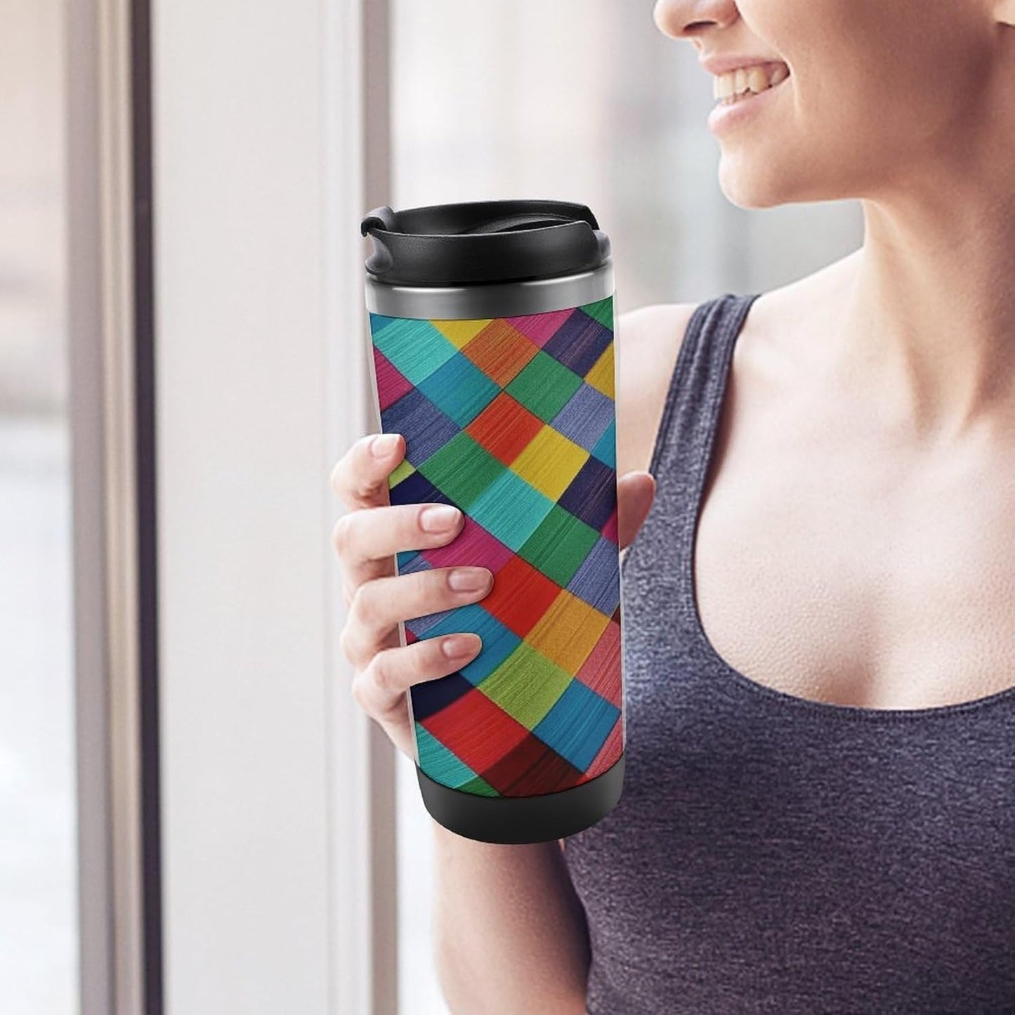 13oz Insulated Travel Coffee Mug Reusable Coffee Cup Water Bottle | Colorful Plaid Travel Mug with Leak Proof Lid Double Wall Stainless Steel Coffee Tumbler Personalized Gift