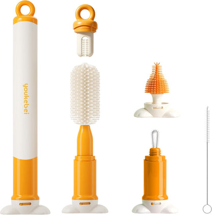 5-in-1 Bottle Cleaning Brush Set - Silicone Baby Bottle Brush Cleaner Kit with Nipple Brush, Detail Brush & Straw Brush, Portable Long Handle Bottles Scrubber Cleaning Tool （Orange）