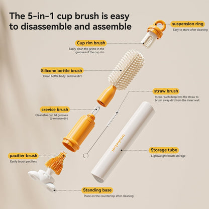 5-in-1 Bottle Cleaning Brush Set - Silicone Baby Bottle Brush Cleaner Kit with Nipple Brush, Detail Brush & Straw Brush, Portable Long Handle Bottles Scrubber Cleaning Tool （Orange）