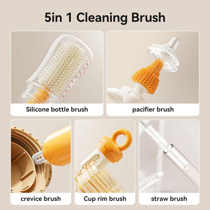 5-in-1 Bottle Cleaning Brush Set - Silicone Baby Bottle Brush Cleaner Kit with Nipple Brush, Detail Brush & Straw Brush, Portable Long Handle Bottles Scrubber Cleaning Tool （Orange）