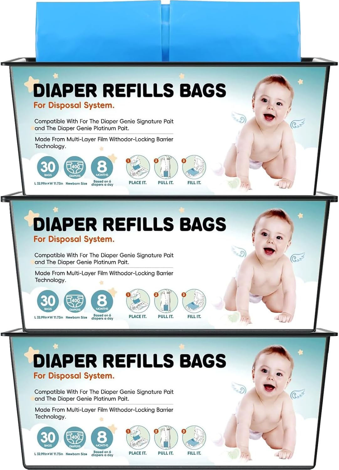 90 Bags Diaper Pail Refills Bags Compatible with Genie Easy Roll Signature and Platinum Diaper Pails | 7-Layer,Odor Barrier Technology| Holds Up to 4330 Newborn Diapers