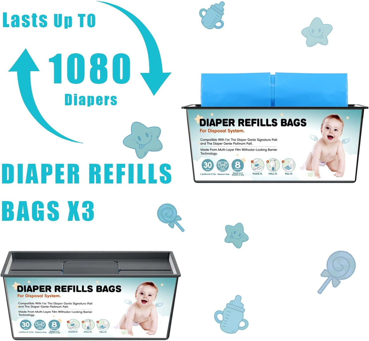 90 Bags Diaper Pail Refills Bags Compatible with Genie Easy Roll Signature and Platinum Diaper Pails | 7-Layer,Odor Barrier Technology| Holds Up to 4330 Newborn Diapers