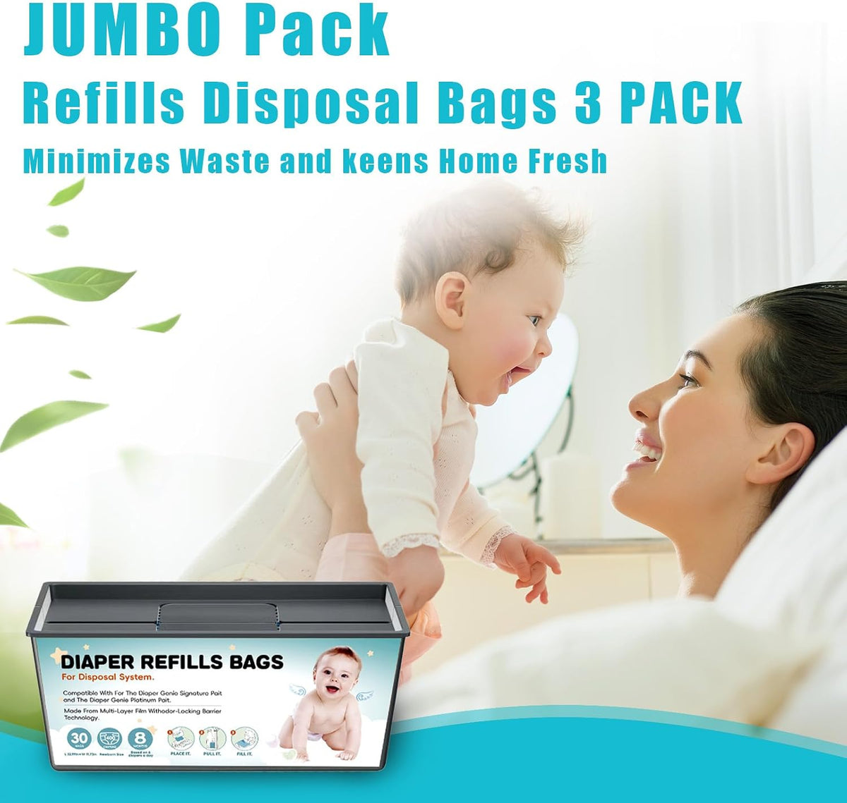 90 Bags Diaper Pail Refills Bags Compatible with Genie Easy Roll Signature and Platinum Diaper Pails | 7-Layer,Odor Barrier Technology| Holds Up to 4330 Newborn Diapers