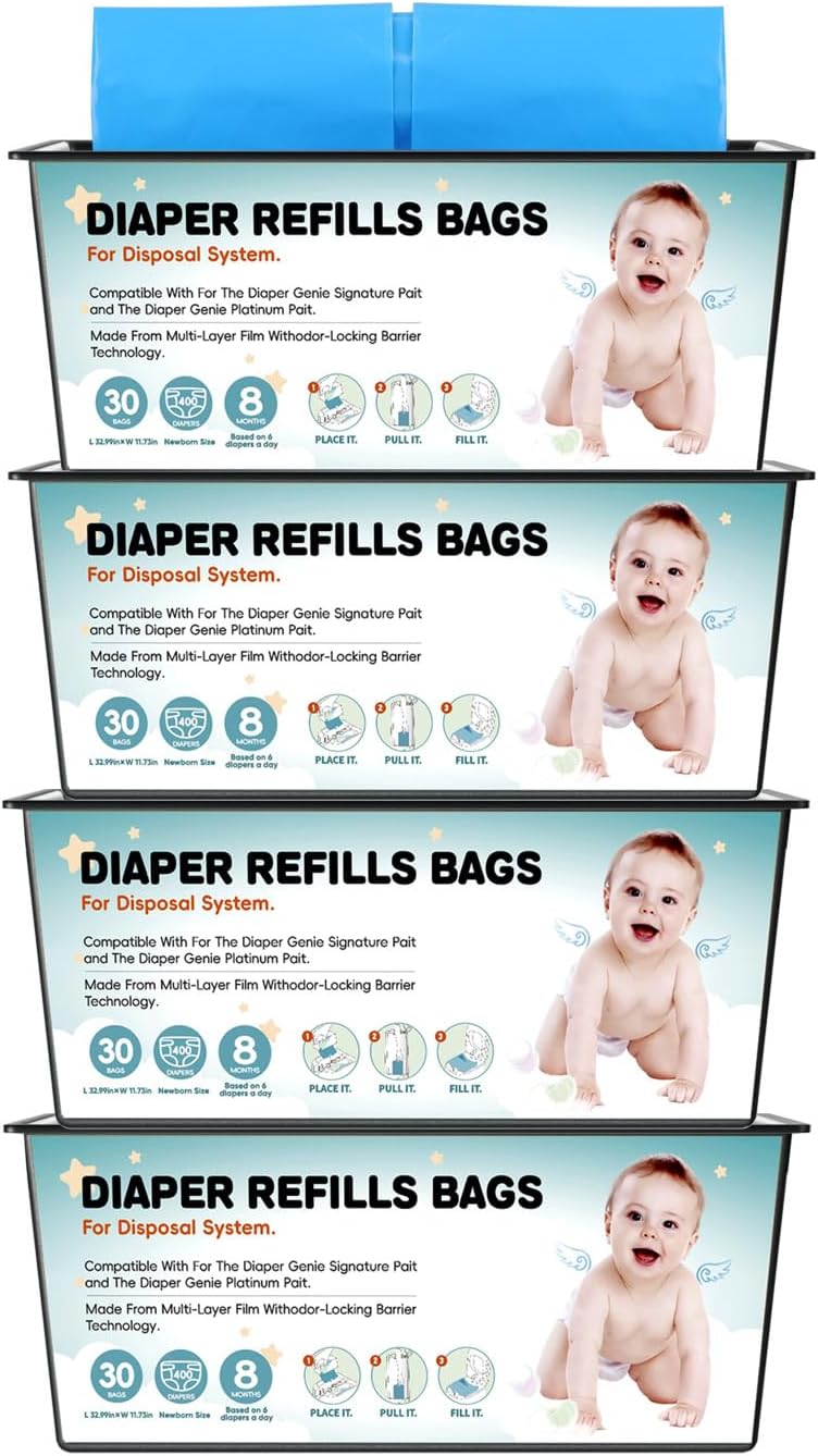 90 Bags Diaper Pail Refills Bags Compatible with Genie Easy Roll Signature and Platinum Diaper Pails | 7-Layer,Odor Barrier Technology| Holds Up to 4330 Newborn Diapers