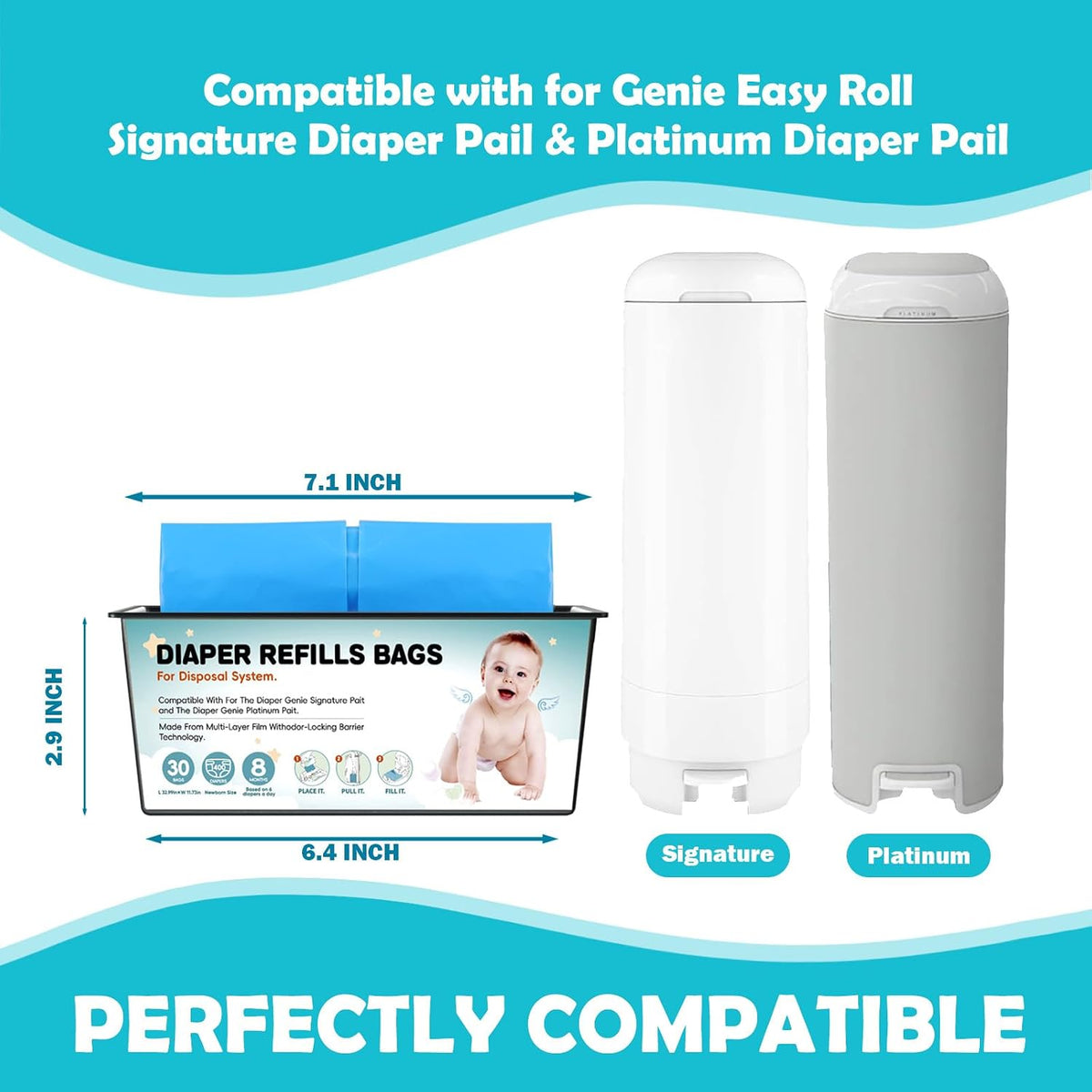 90 Bags Diaper Pail Refills Bags Compatible with Genie Easy Roll Signature and Platinum Diaper Pails | 7-Layer,Odor Barrier Technology| Holds Up to 4330 Newborn Diapers